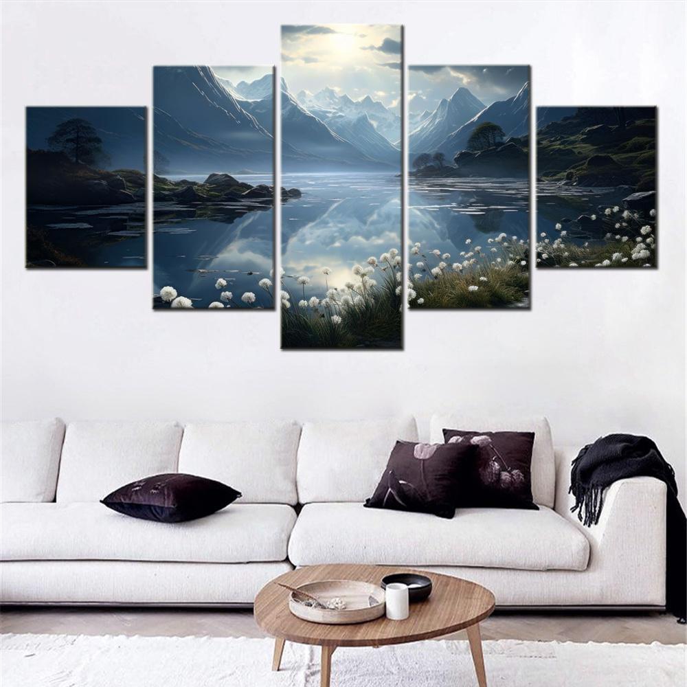 

5 Panels Wall Canvas Picture Painting Nature Alpine lake Moonlight Wallpaper Home Decorative Poster For Bedroom Mural Modern Art 20x35 20x45 20x55cm