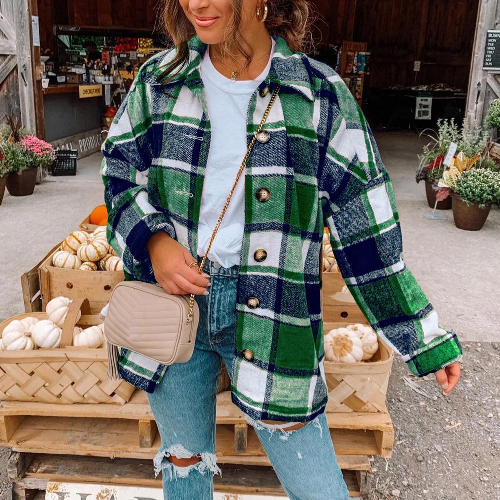 

Женская мода с решетчатыми лацканами и пуговицами повседневное свободное пальто с длинным рукавом XL зелёный