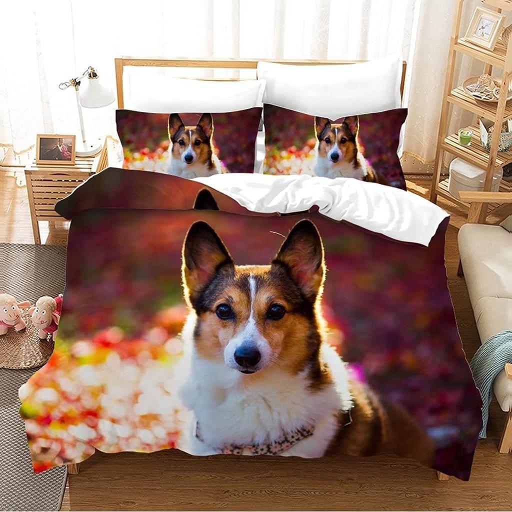 Corgi Bettbezug-Set King Queen Größe Polyester Bettdeckenbezug für Kinder Jungen Mädchen Bettwäsche-Set mit Kissenbezug Niedlicher Kawaii Hund