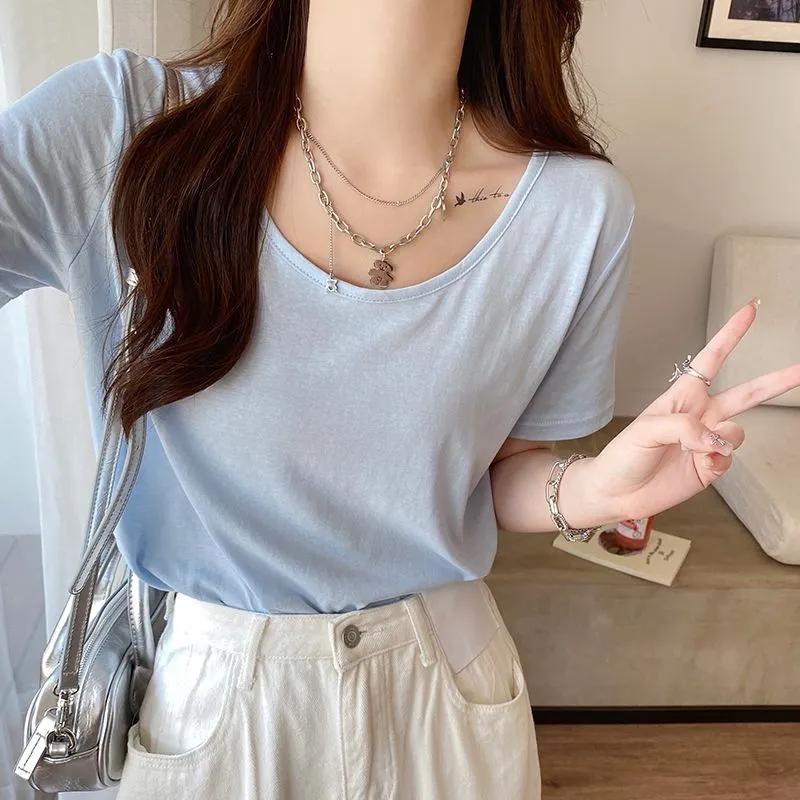 

Summer Women s Light Blue Basic T Shirt Soft Loose Fit Short Sleeve S синий
