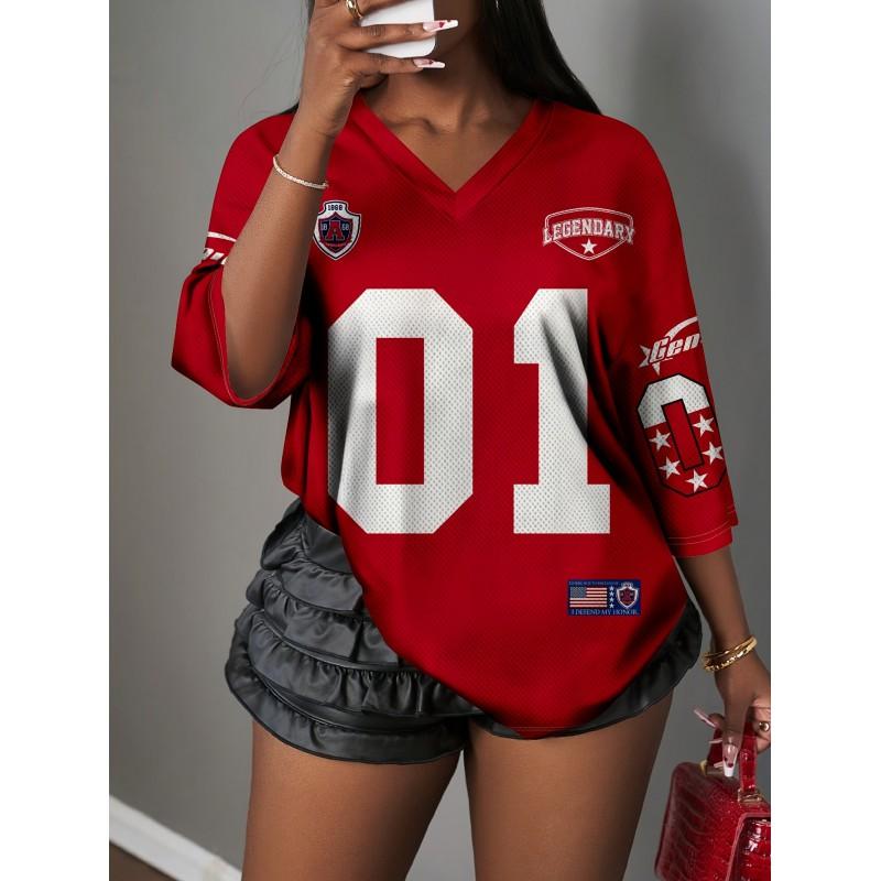 Womens V-Neck Short Sleeve T-Shirt With 3D Digital Print Loose Fit Casual Chic Top 2025