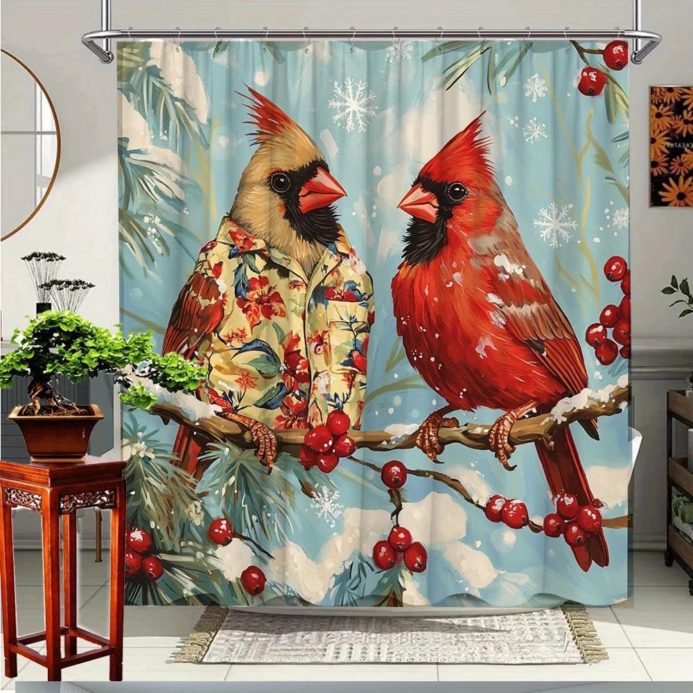 1pc Christmas Shower Curtain - Winter Snowy Cardinals on Berry Branch with Snowflakes Design, Polyester Fabric Bathroom Decor