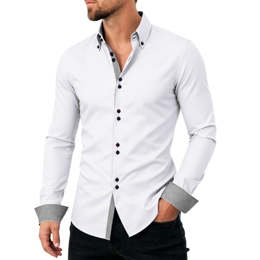 Men's Casual Business Long Sleeve Shirt Stretch Breathable Double Button Collar Slim Fit Dress Shirt for Office Work or Formal Occasions