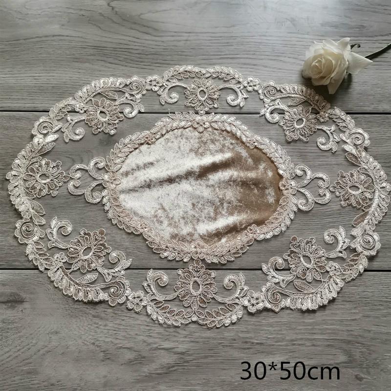 Europäischer Samt Spitze Gestickte Bordüre Oval Platzset Untersetzer Essen Dessert Obst Getränkeabdeckung Schlafzimmer Balkon Kaffeetischdecke