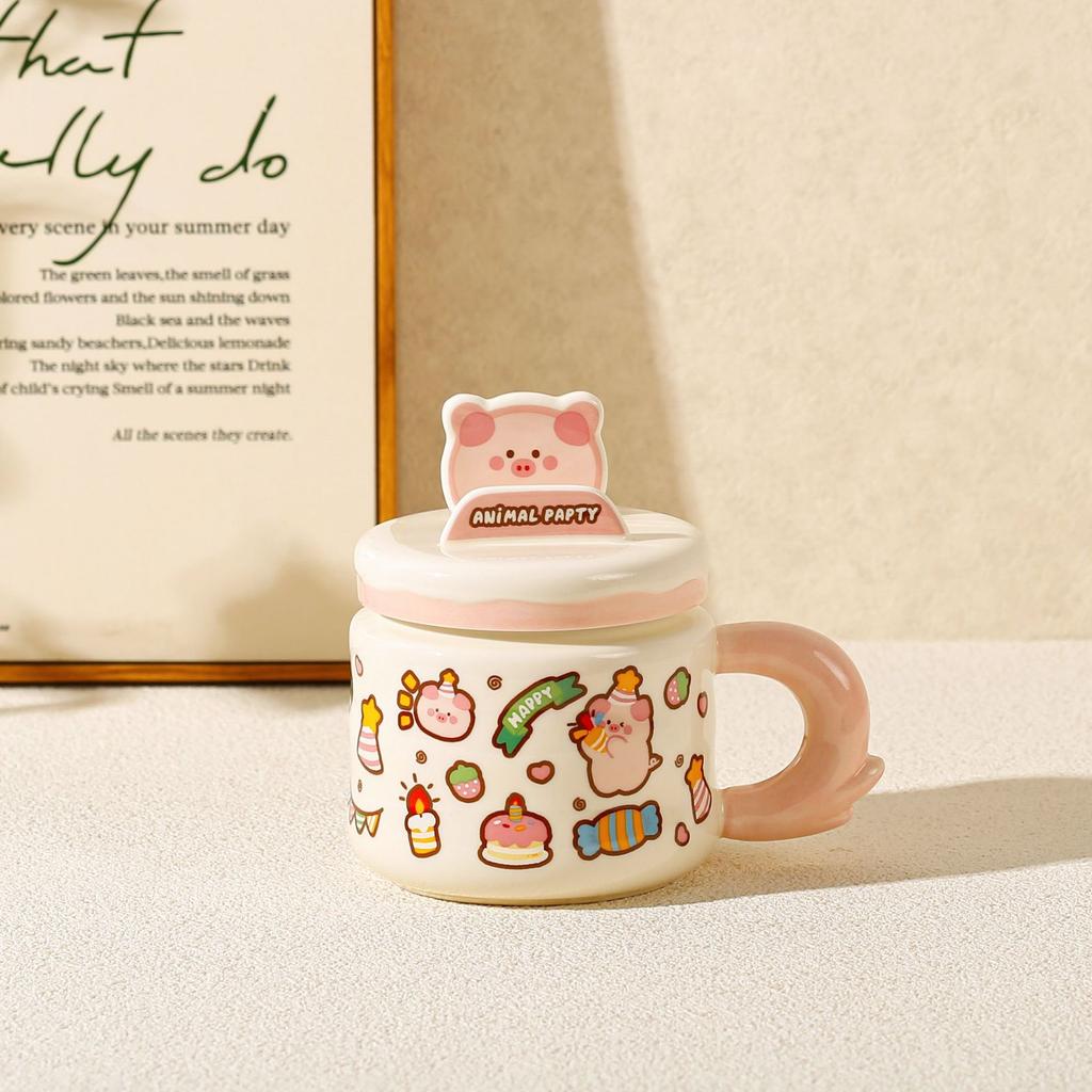 Cute Cartoon Ceramic Cup High Value Mobile Phone Stand Mug with Lid for Girls Gift Couple Water Cup for Girlfriend