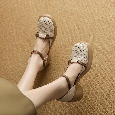 Sandálias de salto alto com sola grossa e combinação de cores estilo retrô bolsa de verão feminina cabeça oca salto grosso casual um botão sapatos romanos