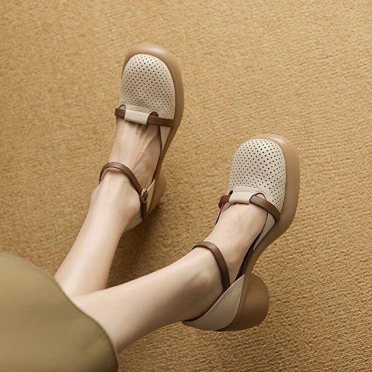 Retro style color matching thick-soled high-heeled sandals women's summer bag head hollow thick heel casual one-button Roman shoes