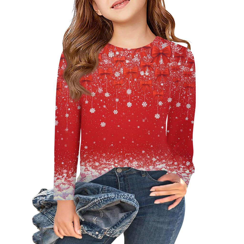 Christmas Day Girls Long Sleeve T Shirts Kids Fall Tops Crewneck Printed Basic Tees