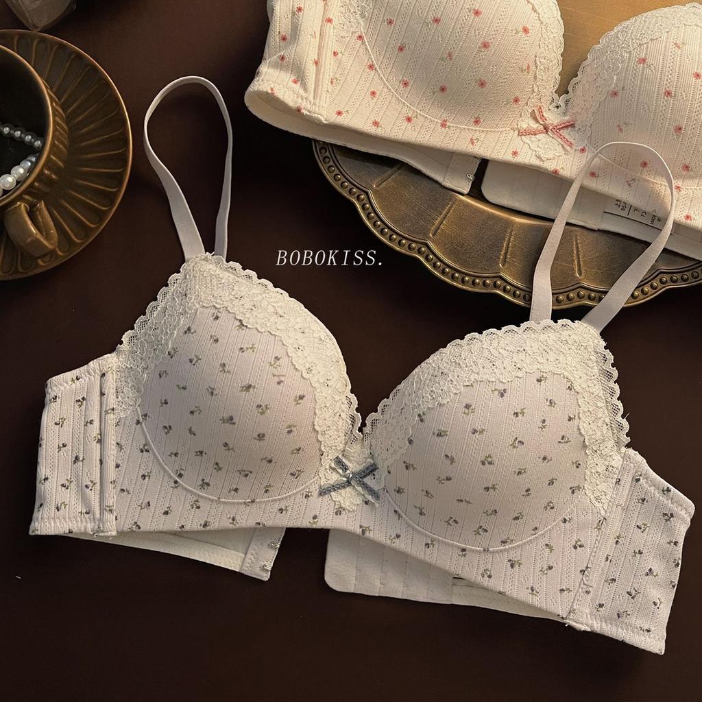 Sweet Girl Lace Edge Sexy Underwear Women's Small Breasts Gather and Show Big Anti-sagging Bra Women's Cotton Chest Without Steel Ring