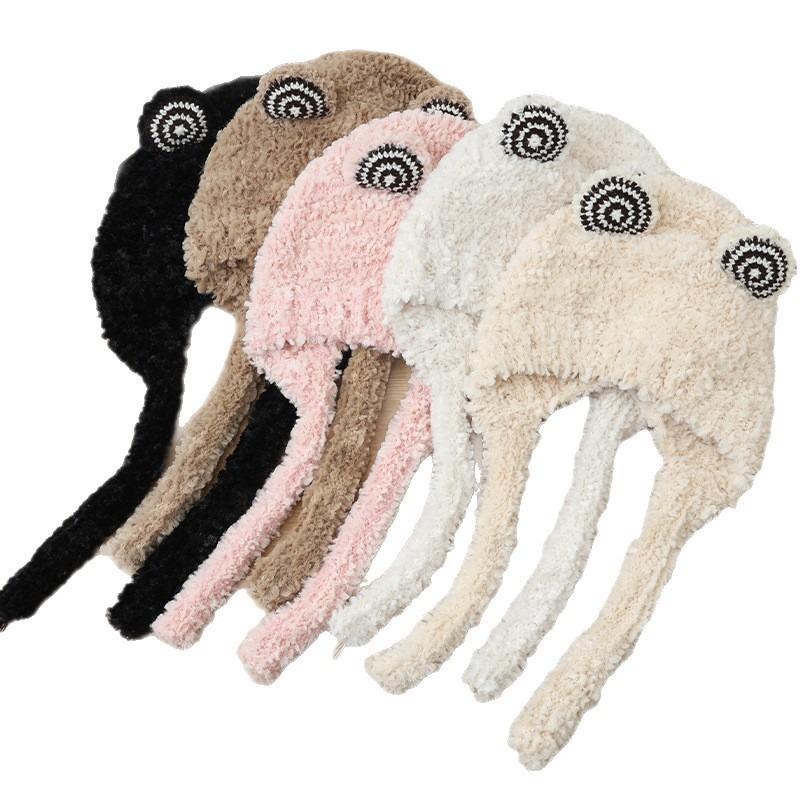 Winter Hat Women's Plush Cute Frog Ears Versatile Lace-up Wool Hat Warm Plush Thickened Headhat