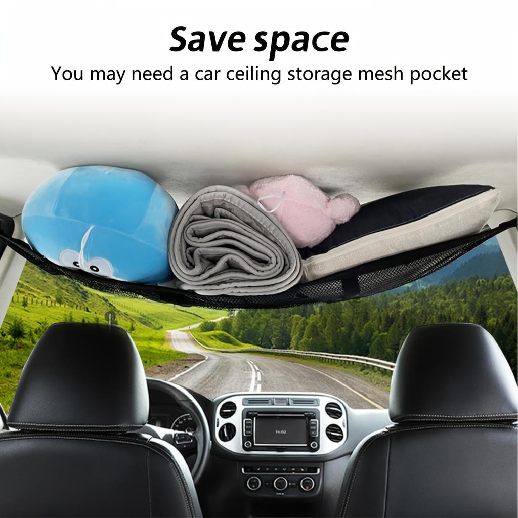 Adjustable Double-Layer Car Ceiling Cargo Net Bag - Fit for SUVs, Long Travel Organizer for Tents, Quilts, Toys, and More, Car Camping Goods Network
