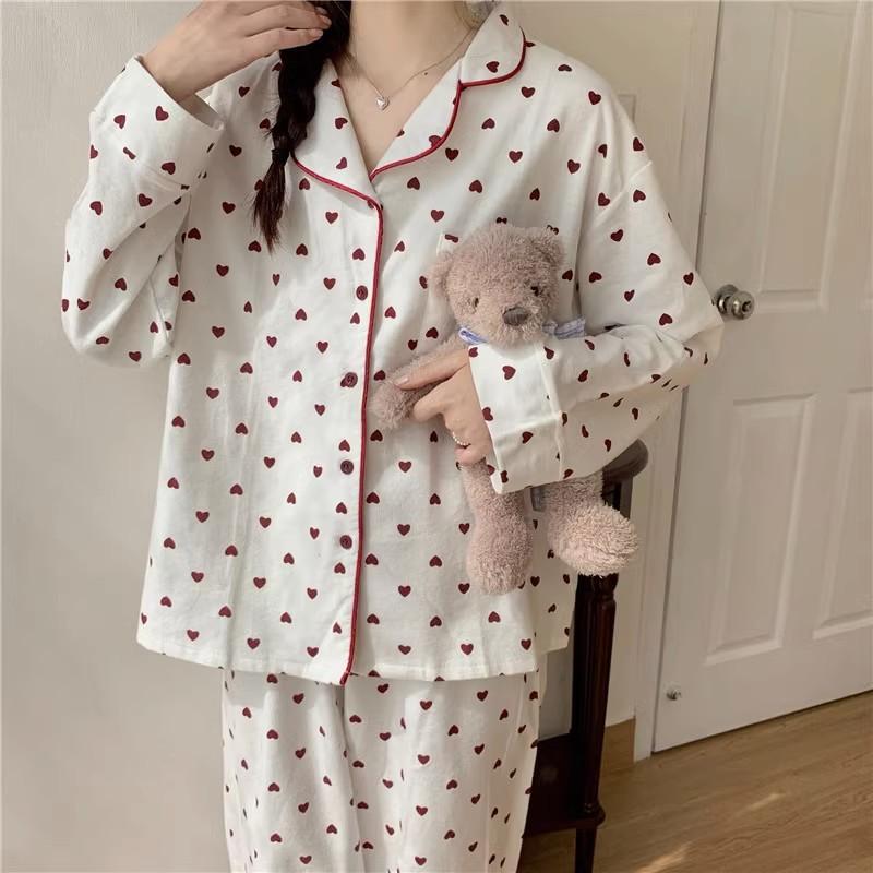 Sexy Nightwear Women Sleepwear Autumn and Winter Cardigan Home Wear Peach Heart Long Sleeves School Silk Pajamas