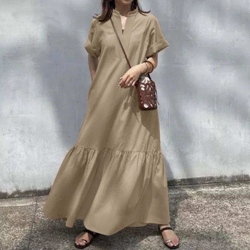 Spring and Summer Fashion Women's Dress: Stand-up Collar Short-sleeved V-neck, Loose Front Opening, Fishtail A-line Long Dress