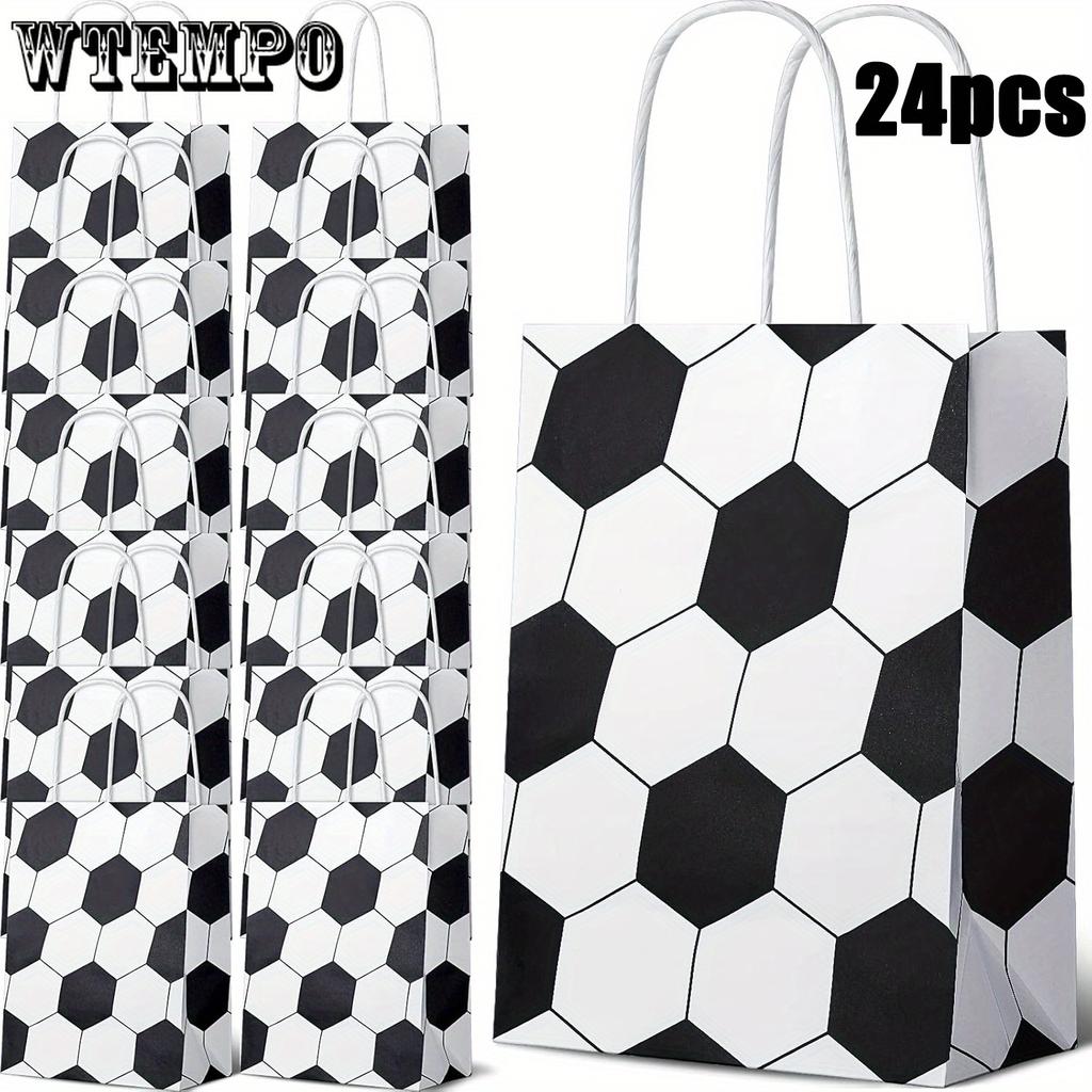 24 Pack Soccer Themed Paper Party Favor Bags with Handles - Durable Kraft Gift Storage Packaging for Sports Birthday, Team Events Tote Bags
