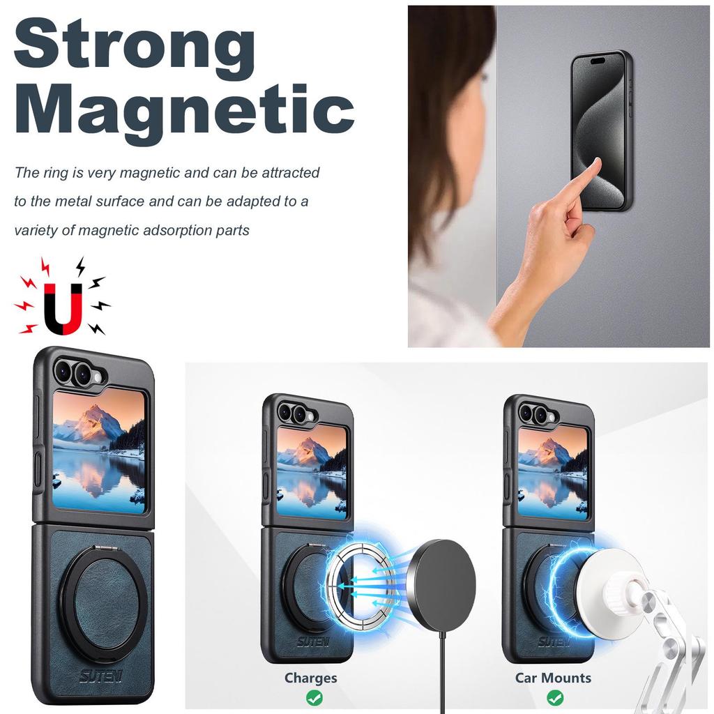Samsung Z Flip Series Magnetic Wireless Charging Leather Case with 360° Rotatable Ring Stand