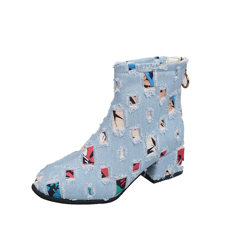 Spring and Autumn New Round Head Short Boots Thick Heel Denim Boots Martin Boots