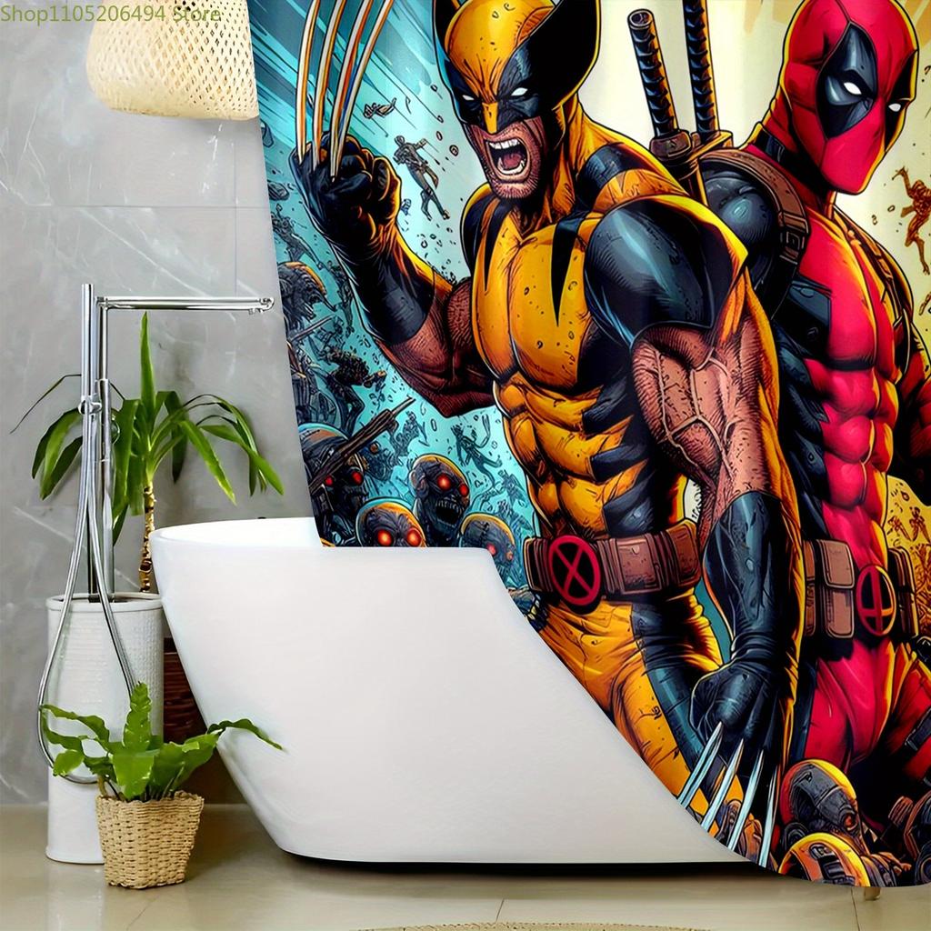 1pc MARVEL Deadpool & Wolverine Shower Curtain with Hooks - Polyester Fabric, Vibrant Superhero Print, Bold Graphic Design for