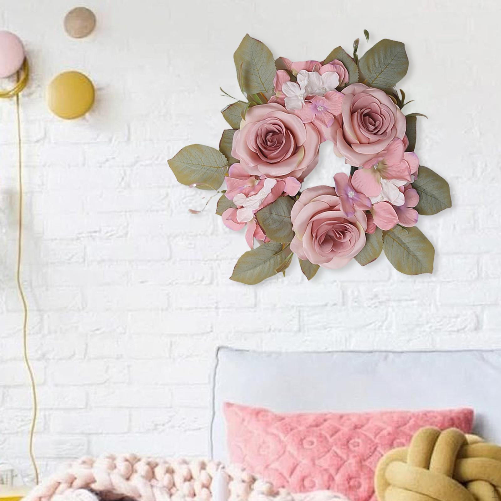 

Rose Flower Wreath Candle Ring, Wall Hanging Ornament, Decorative for Indoor Pink