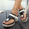 Ladies' Thick Soled Wedge Sandals with Metal Nail Buckle Design - Square Toe Breathable Fabric Cover, Shock-absorbing Rubber Sole, Non Slip Shoes