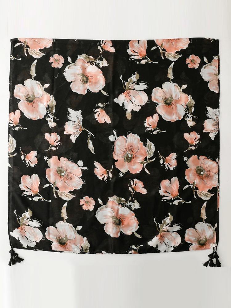 Retro Women Silk Scarf Black Floral Print Bright Silk Wrap Shawls Lady Sunscreen Bandana Hijab Scarve Pareo Headscarf Boho New