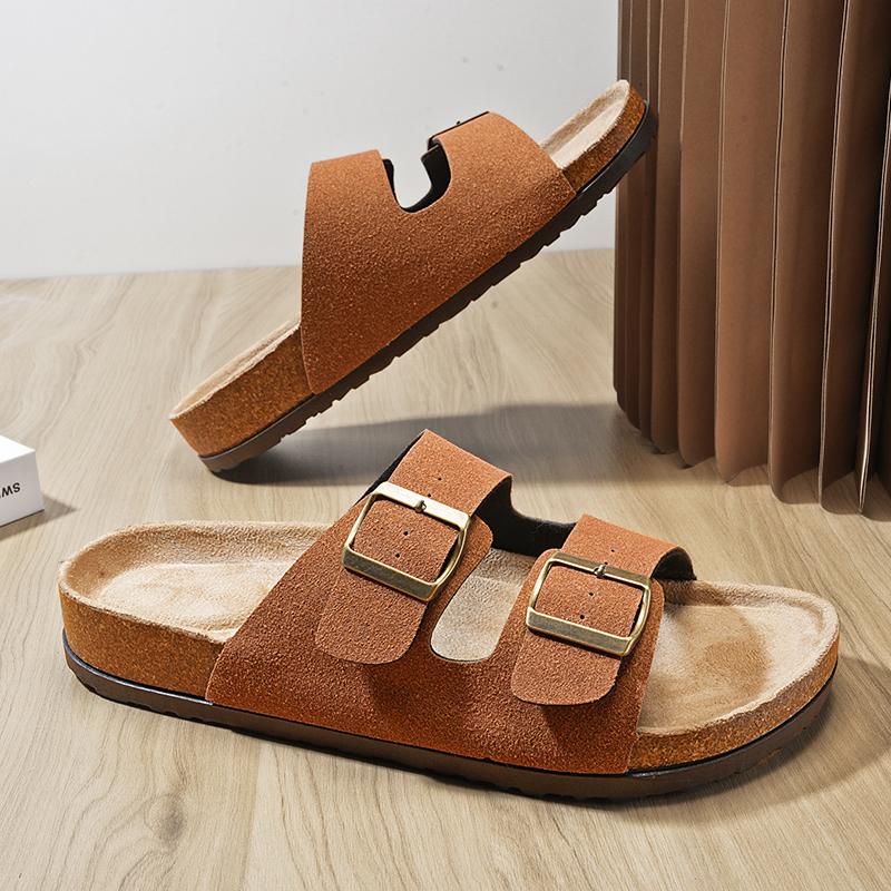 10 Färger Mules Spänne Läder Kork Fiskbenstofflor för Män Kvinnor Par Retro Sommartofflor Mode Vardagliga Strandtofflor