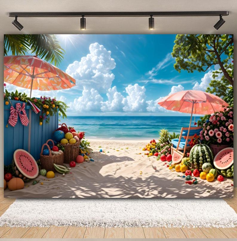 Summer Seaside Fruit Beach Palm Tree Theme Banner Background, Holiday Camping Party Decoration Photography Studio Backdrop Cloth