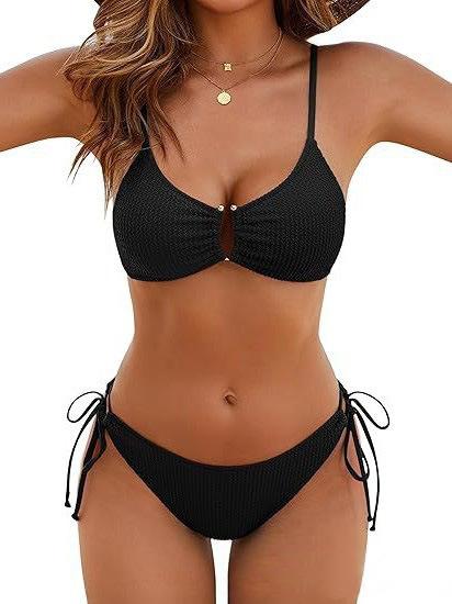 Sexy textured bikini women s adjustable lace-up split swimsuit multi-color European bikini M чёрный