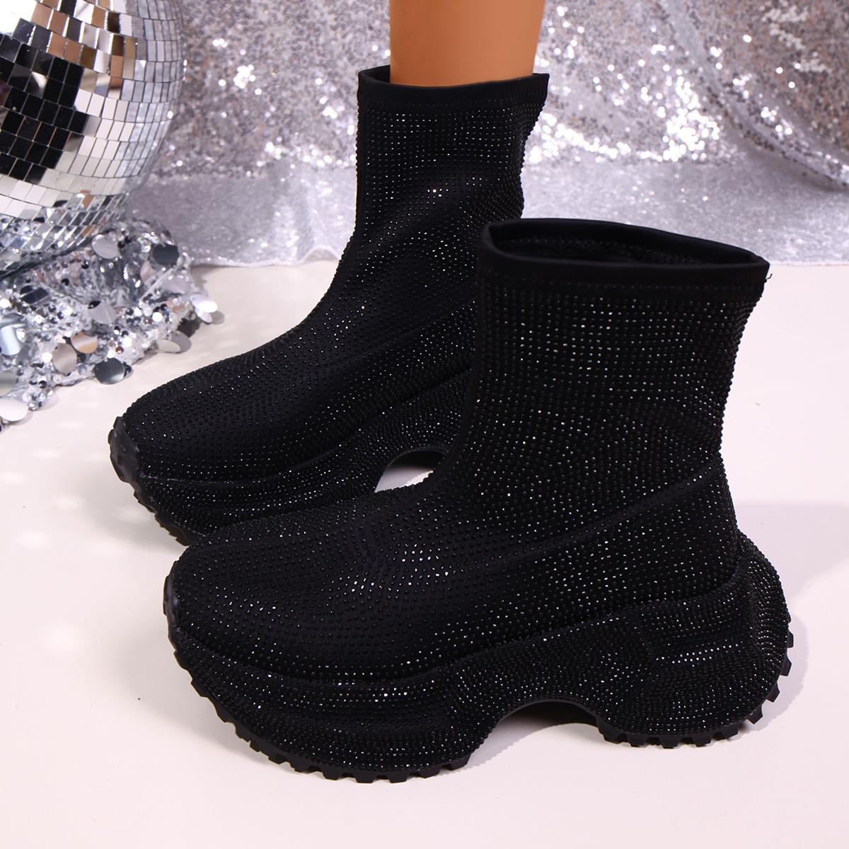 

Модные хрустальные туфли на высоком каблуке женские ботильоны на платформе модные элегантные туфли 2025 зима готические ботинки челси удобные сапоги до середины икры 39 чёрный