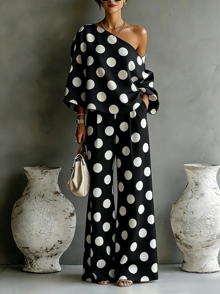 1116 Estate europea e americana nuovo colore pois off-the-shoulder elegante completo pantalone due pezzi per donna