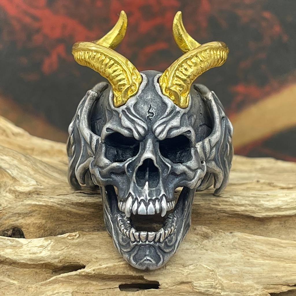 Vintage Punk Stainless Steel Skull Rings For Men Gothic Punk Exaggerated Gold Color Goat Skull Ring Hiphop Rock Biker Jewelry