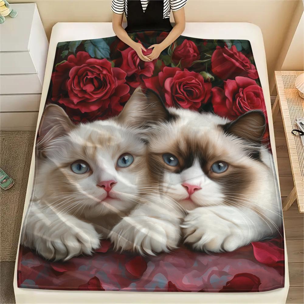 Ragdoll Katze und Rosen Muster Flanelldecke, Hohe Qualität, Bequem für Alle Jahreszeiten, Heimdekoration, Wärme und Komfort, Perfekt für Geschenke.