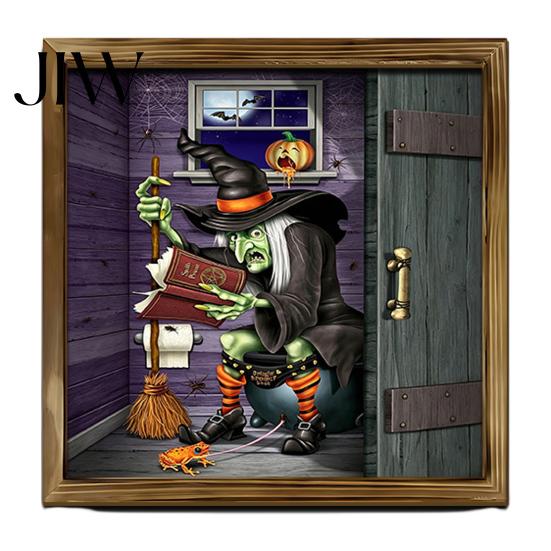 Moisture Proof Wall Murals Halloween Skeleton Art, Funny Bathroom Toilet Decal with Ghost Clown, Niche Creative Decorations 2D Wooden Art Sign, Spooky