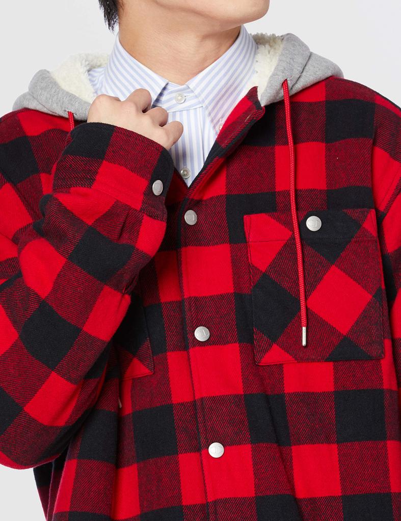Long Sleeve Hooded Shirt Outerwear Jacket Flannel Plaid Pattern Boa Fleece Lining Script Logo Embroidery Red XL [Champion] C3-S609 Men's