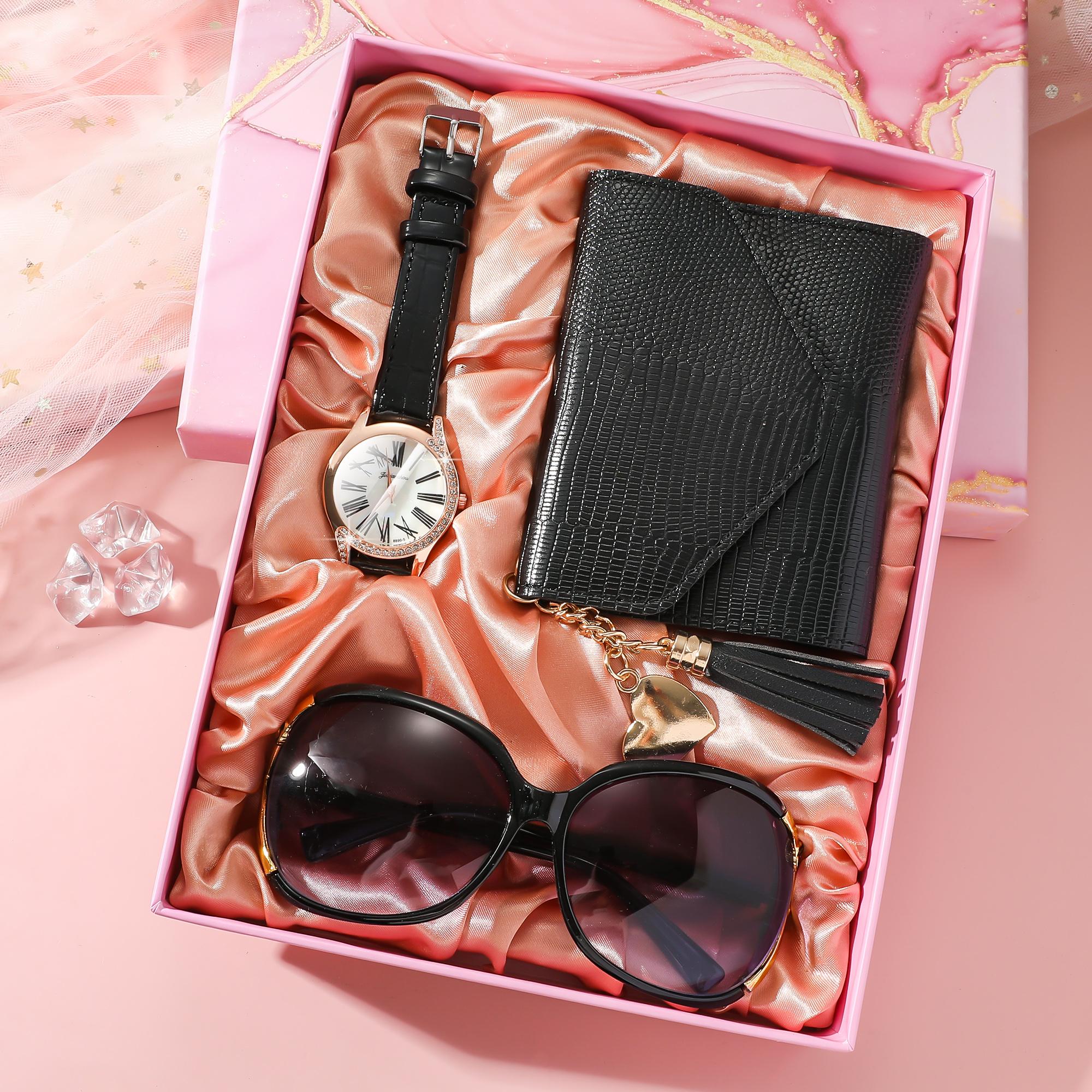 

Fashion Simple Retro Roman Numeral Dial Diamond-set Watch with Strap Quartz Watch Wallet Sunglasses 3-piece Gift чёрный
