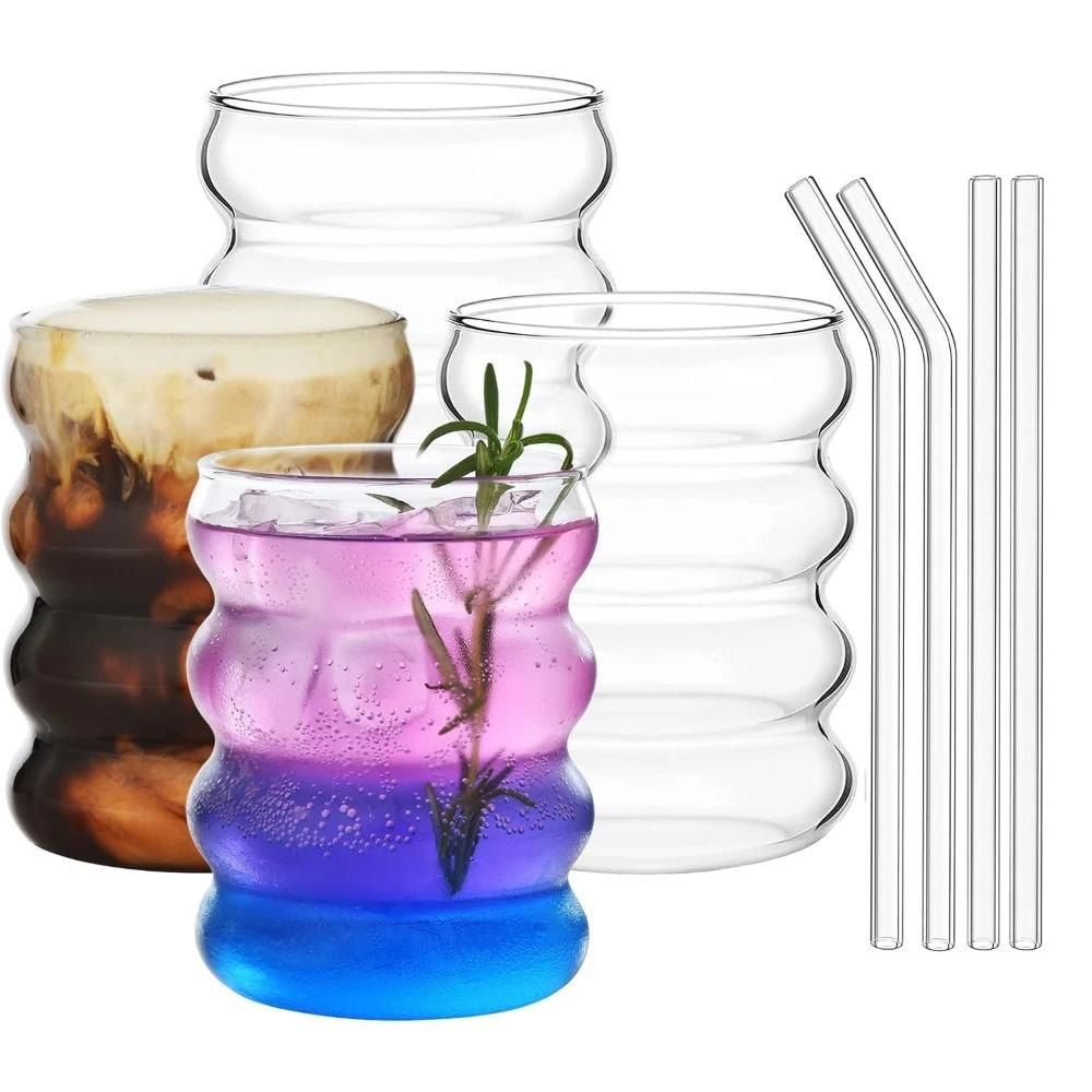 400/13 Oz Glass 1/4 Set Wave Bubble Drink Cup Iced American Coffee Cup BPA Free Reusable for Cocktail Whiskey Bar Party