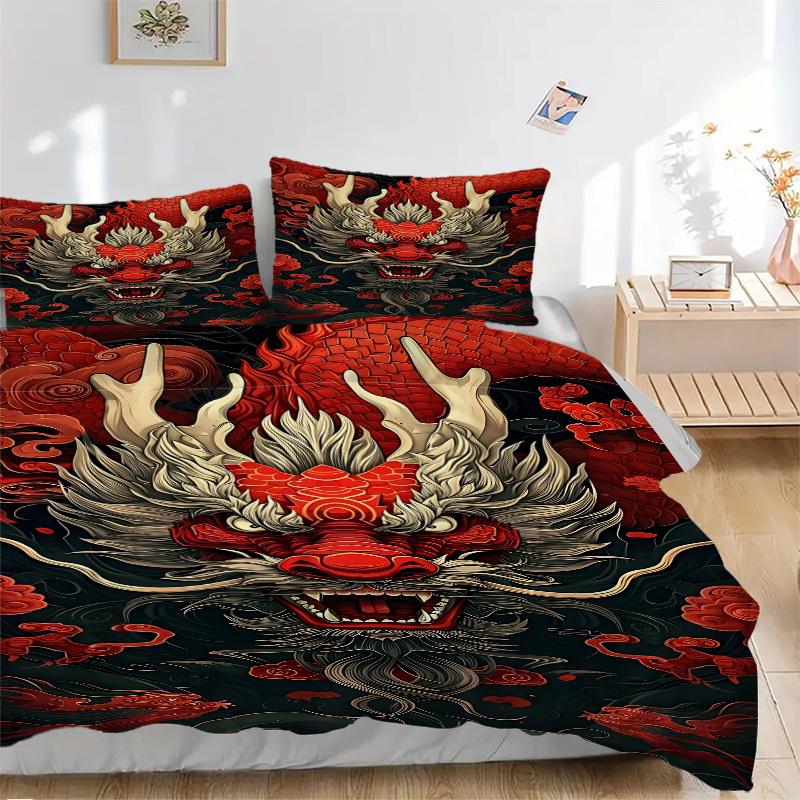 3PCs Traditional Dragon Design Design Cover Set, Breathable Fabric, Machine Washable (1 Duvet Cover + 2 Pillowcases) (Without Quilt) Yy250911165