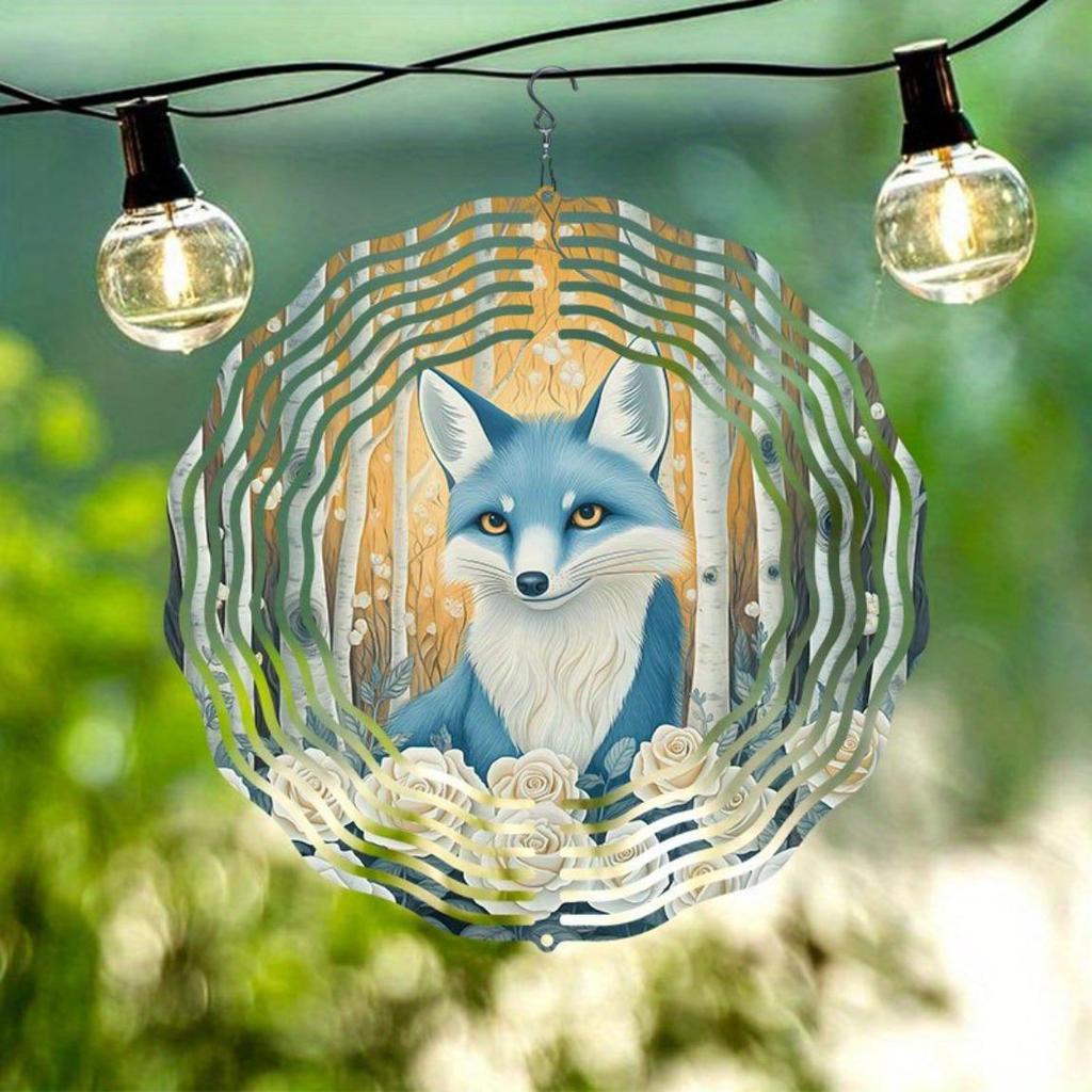 2D Snow Forest Blue Fox Wind Chime Mandala Metal Hanging Ornament for Garden Patio Outdoor Decoration No Battery Needed