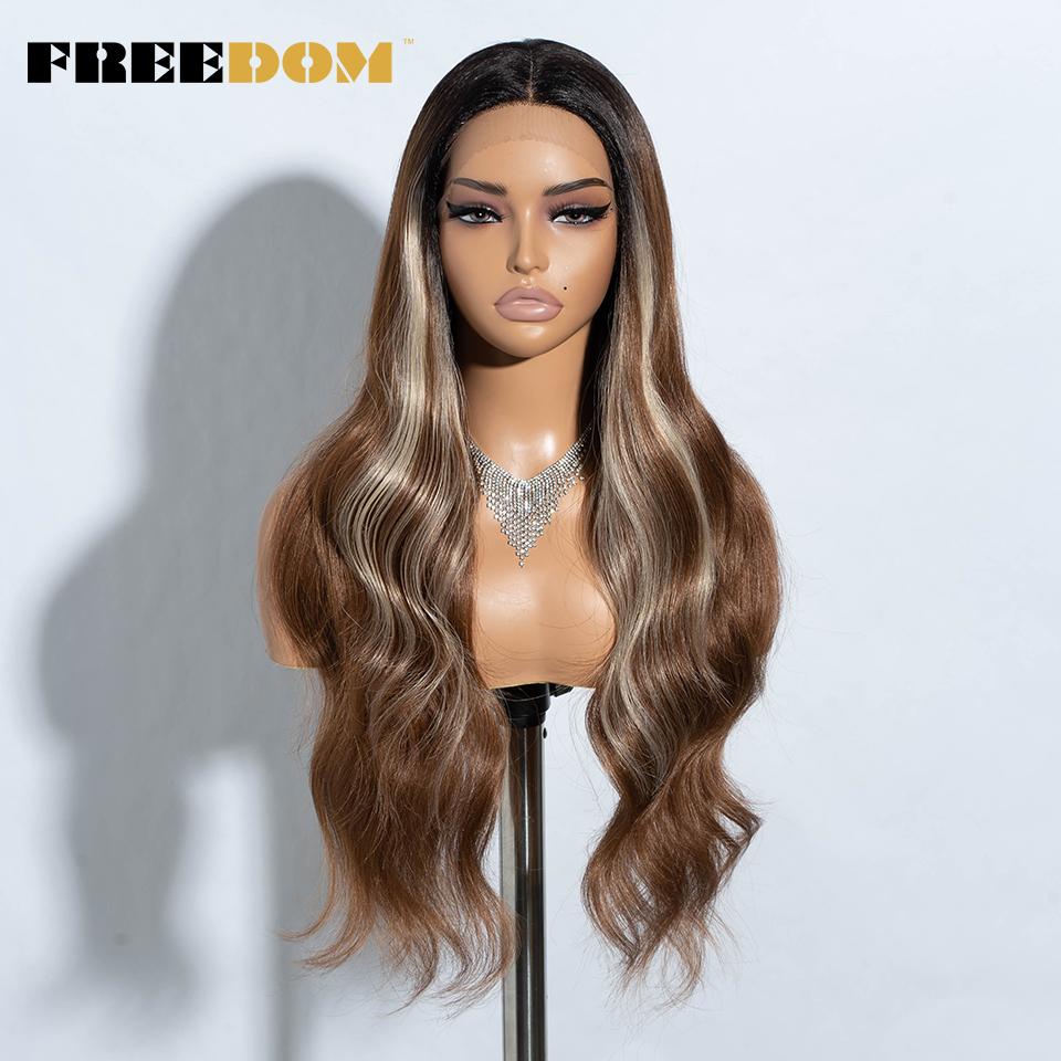 FREEDOM Synthetic Lace Front Wigs For Women Long Wavy 30" Body Wavy Long T Part Lace Wig Ombre Blonde Ginger Blue Cosplay Wig