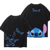T-shirt en coton pour homme avec impression Disney Stitch Double Face Décontracté Ample Manches Courtes Blanc & Noir pour Couples