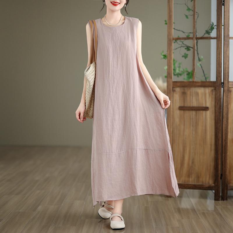DIMANAF 2025 Women Summer Dress Solid Casual Ladies Basic Long Dress Linen