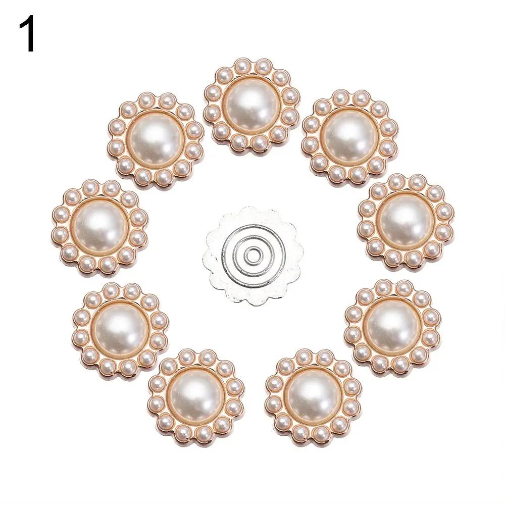 10PCS Pearl Flower Rhinestone Buttons Sparkling Crystal Hairpins Decorative Buttons for Clothes DIY Apparel Sewing Accessories