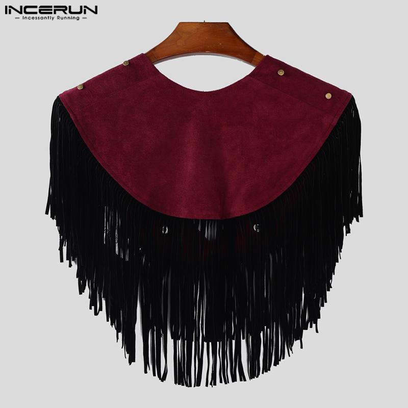 INCERUN Men Low Cut Neck Stitching Tassel Fashion Cropped Cloaks Tops