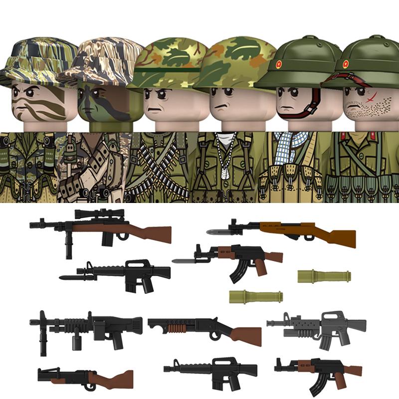 Non-Toxic Moc Ww2 The Vietnam War Military Soldeirs Building Blocks Vietnamese American Army Infantry Helmets Weapons Bricks Toys Children