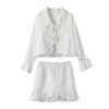 Solid Linen Lace Up Bow Shirts Women Shorts Suits Turn-down Collar Lantern Sleeve Blouse Ruffles Pants Summer Lady 2 Piece Sets