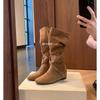 Retro Belt Buckle Medium Boots Women's Autumn and Winter New Thin and Versatile Western Cowboy Boots Inner Height Increase Martin Boots