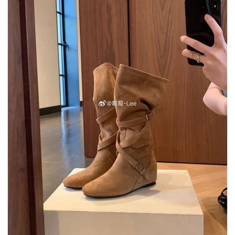 Retro Belt Buckle Medium Boots Women's Autumn and Winter New Thin and Versatile Western Cowboy Boots Inner Height Increase Martin Boots