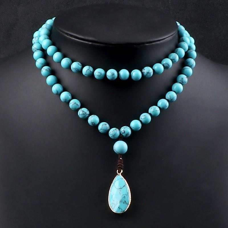 JMXD-Bohemian turquoise necklace fashionable retro ethnic style hand-knotted water drop pendant long necklace