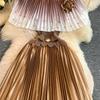 Elegant Gradient Shiny Pleated Dress Cape Shoulder Pearl Beads 3D Floral Applique Scalloped Waist Belt A Line Midi Dress
