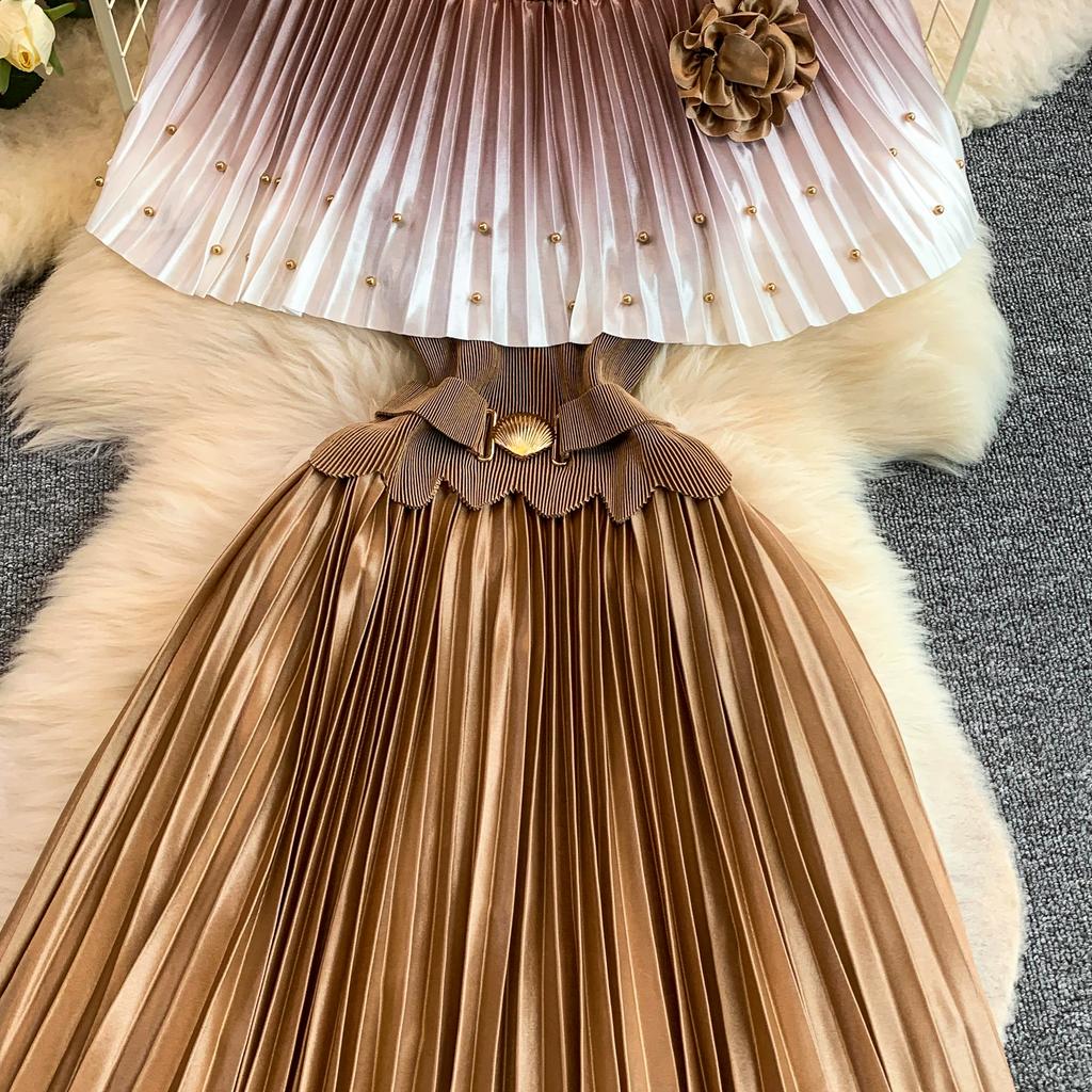 Elegant Gradient Shiny Pleated Dress Cape Shoulder Pearl Beads 3D Floral Applique Scalloped Waist Belt A Line Midi Dress