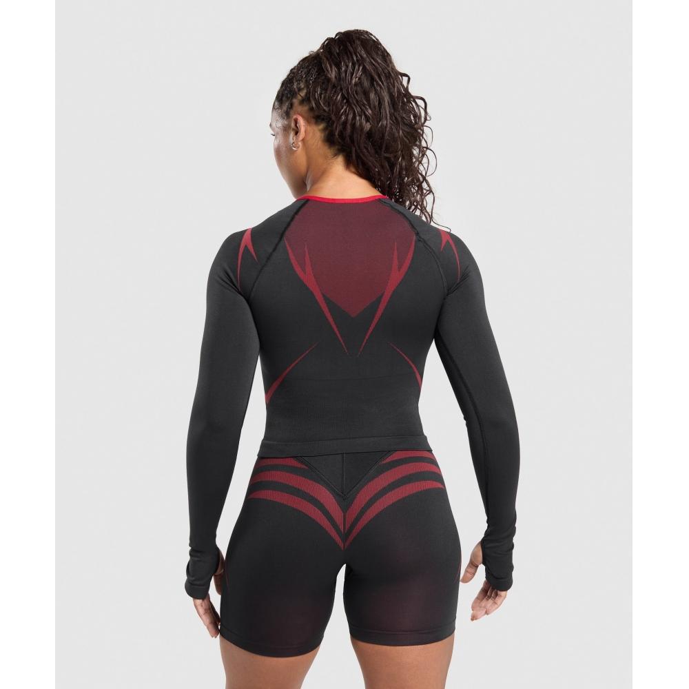 Gymshark Apex Lift Seamless Long Sleeve Crop Top Black Carmine Red B3c7t Bb4j
